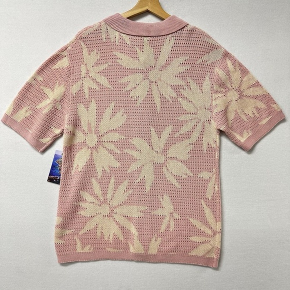 Massive Luxury Crochet Knit Shirt Mens L Powder Pink Floral Jacquard Cotton Polo - Picture 3 of 8